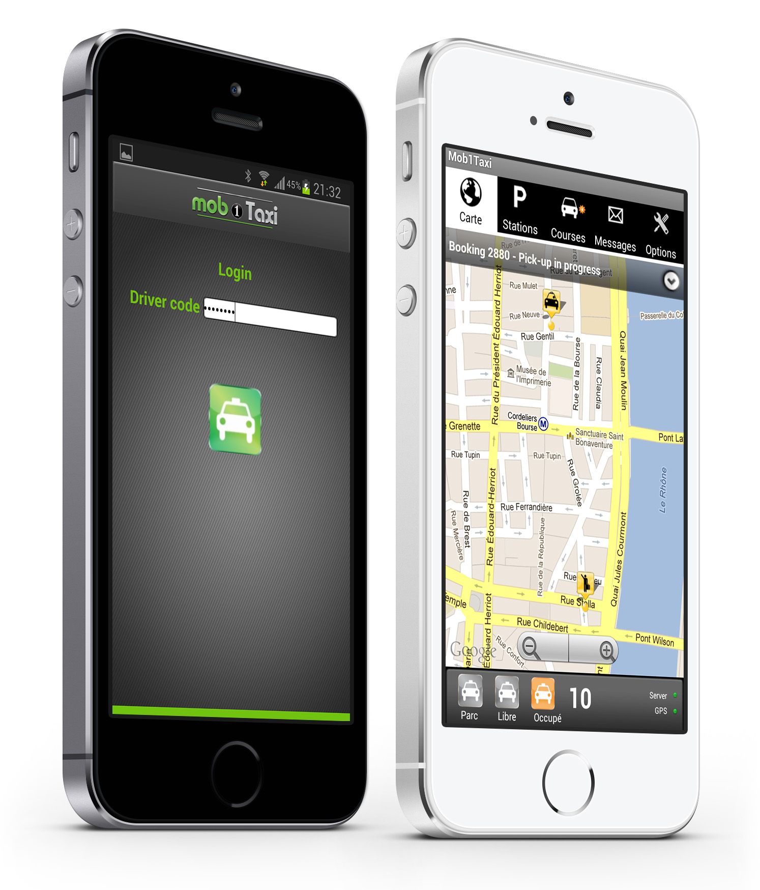 2 smartphone avec d'écran de l'application android chauffeur